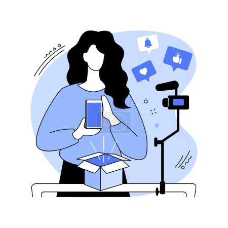 Illustration for Unboxing videos isolated cartoon vector illustrations. Blogger shooting unpacking on camera, influencer marketing service, online business, IT sector, products review vector cartoon. - Royalty Free Image