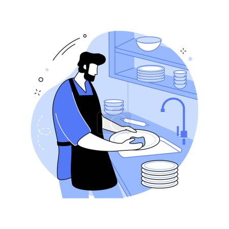 Illustration for Dishwashing station isolated cartoon vector illustrations. Smiling restaurant kitchen worker washing dishes, professional people, service sector, horeca business industry vector cartoon. - Royalty Free Image