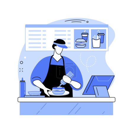 Illustration for Fast food preparation isolated cartoon vector illustrations. Fast food restaurant workers prepare burgers, professional people, service sector, horeca business, sandwich making vector cartoon. - Royalty Free Image