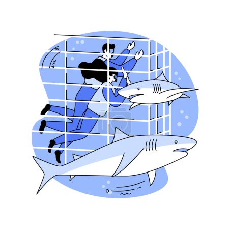 Téléchargez les illustrations : Plongée avec des requins illustrations vectorielles de dessins animés isolés. Amis dans une cage plongée avec des requins, aventure extrême sous-marine, tourisme d'affaires, personnes voyageant et plongée avec tuba vecteur dessin animé. - en licence libre de droit