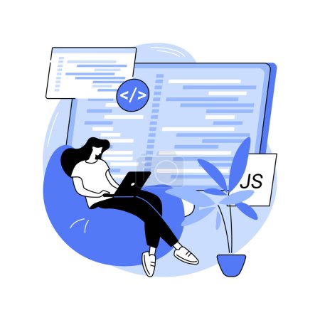 Illustration for Javascript isolated cartoon vector illustrations. IT company front end developer programming with JavaScript, holding laptop, client-side development, coding process vector cartoon. - Royalty Free Image