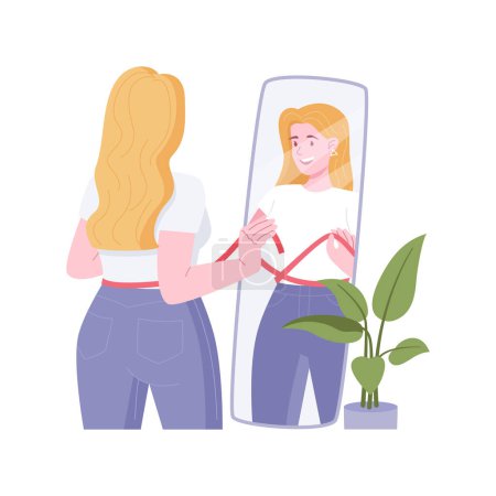 Illustration for Diet results isolated cartoon vector illustrations. Smiling girl measuring waist and looking at mirror, happy with diet results, healthy nutrition, weight loss, slim tummy vector cartoon. - Royalty Free Image