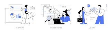 Human resources technology abstract concept vector illustration set. HR software, wanted employees, job offer, working time tracker, we are hiring, staff wanted, permanent contract abstract metaphor.