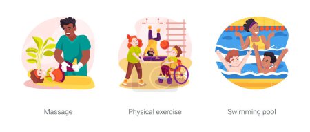 Therapy for disabled children in daycare isolated cartoon vector illustration set. Massage, physical exercise, swimming pool, inclusive kindergarten, motor disorder rehabilitation vector cartoon.