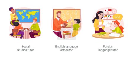 Illustration for Academic tutoring isolated cartoon vector illustration set. Social studies tutor, english language arts and creative writing, foreign languages education, private lesson vector cartoon. - Royalty Free Image
