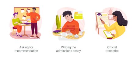Illustration for Homeschooling college admission isolated cartoon vector illustration set. Asking for recommendation letter, writing the admissions essay, official transcript, academic record vector cartoon. - Royalty Free Image