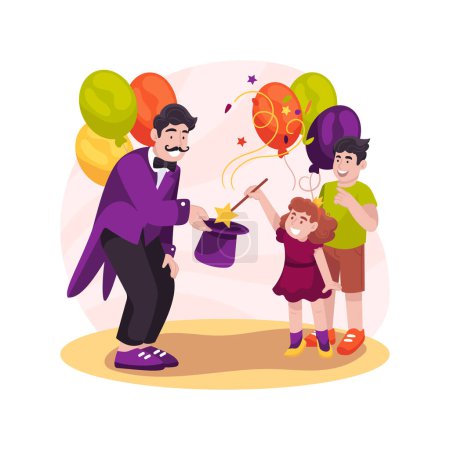 Illustration for Magic show isolated cartoon vector illustration. Wizard performance, magician showing tricks to children, Birthday party, home celebration, amused kids, holding magic wand vector cartoon. - Royalty Free Image