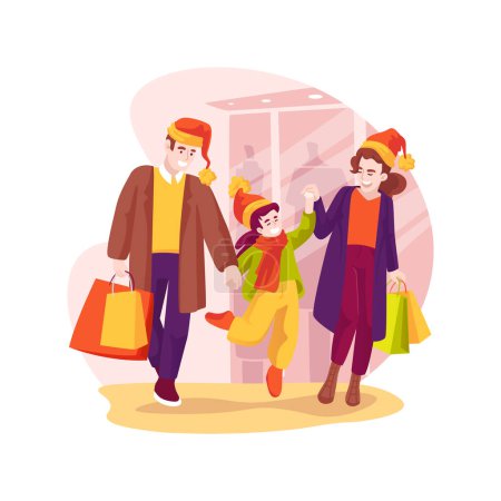 Illustration for Looking for presents isolated cartoon vector illustration. Happy family spending time in shopping mall, looking for Christmas gifts, religious holiday preparation, festive days vector cartoon. - Royalty Free Image