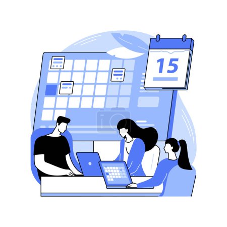 Kalendarische Software isolierte Zeichentrickvektorillustrationen. Gruppe von Geschäftsleuten mit professionellen Kalender-App auf Laptop, IT-Technologie, Planungssoftware auf dem Bildschirm Vektor Karikatur.