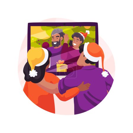 Illustration for Online family gathering isolated cartoon vector illustration. Young couple congratulating relatives with Christmas via laptop, winter holiday celebration during pandemic vector cartoon. - Royalty Free Image