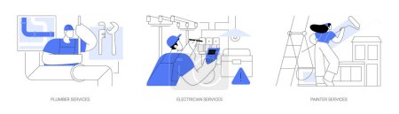 Contractor services abstract concept vector illustration set. Plumber and electrician services, residential, commercial painting, heating installation, home automation, renovation abstract metaphor.
