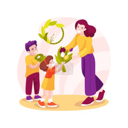 Illustration for Spring flowers isolated cartoon vector illustration. Small kids giving mommy bunch of flowers, Easter celebration with family, religious holiday with gathered relatives vector cartoon. - Royalty Free Image