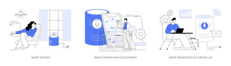 Illustration for Internet of things abstract concept vector illustration set. Smart speaker apps development and office controller, virtual home automation hub, speech recognition, voice assistant abstract metaphor. - Royalty Free Image