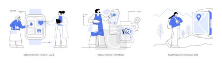 Illustration for Smart accessories abstract concept vector illustration set. Smartwatch health care, payment with wearable device, navigation software, smart tracker, get directions, body monitor abstract metaphor. - Royalty Free Image