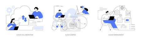 Illustration for Cloud service abstract concept vector illustration set. Cloud collaboration, online gaming platform, system management, data storage, video and file streaming, remote business abstract metaphor. - Royalty Free Image
