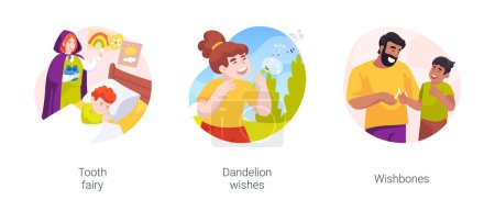 Illustration for Making wishes isolated cartoon vector illustration set. Tooth fairy visit belief, telling legend to child, blow off dandelion, wishbone tradition, kid and father holding forked bone vector cartoon. - Royalty Free Image