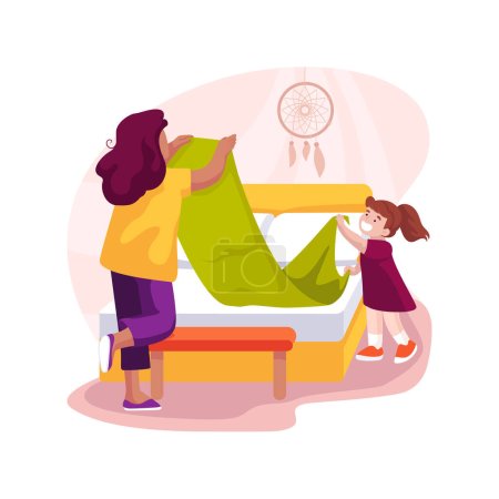 Illustration for Teach making bed isolated cartoon vector illustration. Mother teaches child to make bed, household maintenance skill, child put linen, homebased daycare, homeschooling activity vector cartoon. - Royalty Free Image