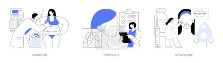Illustration for Beauty procedures abstract concept vector illustration set. Liposuction and rhinoplasty, filler lip injection, plastic surgery and body contouring, improve aesthetic appearance abstract metaphor. - Royalty Free Image