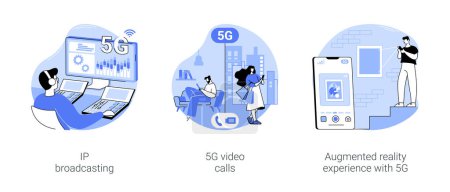 Illustration for 5G technology isolated cartoon vector illustrations set. IP broadcasting, video conference call, fast real-time data transfer, augmented reality experience, high resolution in vr vector cartoon. - Royalty Free Image