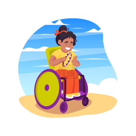 Téléchargez les illustrations : Playing toy instruments isolated cartoon vector illustration. Child with disability explore sound, developmental activity, kid play toy instrument, make music, special childcare vector cartoon. - en licence libre de droit