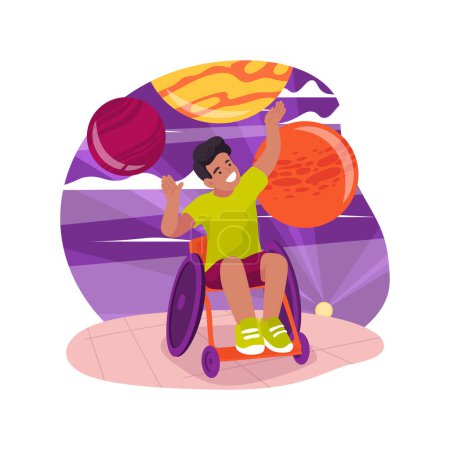 Illustration for Visiting a museum isolated cartoon vector illustration. Social skills development activity, inclusive daycare center, kid on a wheelchair, visiting interactive museum, education vector cartoon. - Royalty Free Image
