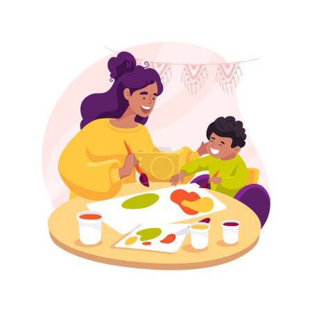 Ilustración de Drawing together isolated cartoon vector illustration. Woman teach disabled kid painting, in-home caregiver drawing with a child with special needs, sit at the table together vector cartoon. - Imagen libre de derechos