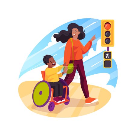 Téléchargez les illustrations : Space orientation isolated cartoon vector illustration. Inclusive daycare, space orientation for disabled children, learn traffic rules, moving in the street with a wheelchair vector cartoon. - en licence libre de droit