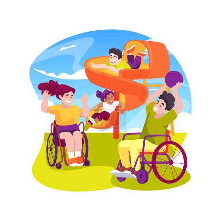 Téléchargez les illustrations : Inclusive playground isolated cartoon vector illustration. Children with disability play outdoors, special needs, inclusive playground equipment, motor activity, in-home daycare vector cartoon. - en licence libre de droit