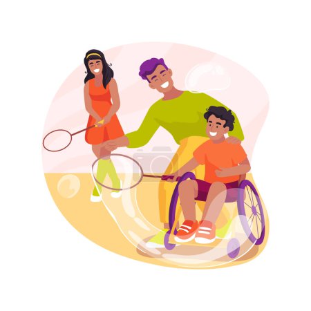 Téléchargez les illustrations : Blowing bubbles isolated cartoon vector illustration. Adult blow bubbles with child, special daycare, kids with disability, fun activity, early home education, caregiver service vector cartoon. - en licence libre de droit