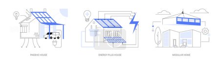 Illustration for Innovative private construction technologies abstract concept vector illustration set. Passive and energy-plus house, modular home, heating efficiency, reducing ecological footprint abstract metaphor. - Royalty Free Image