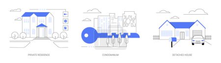 Illustration for Single family home abstract concept vector illustration set. Private residence, condominium, detached house, land ownership, real estate market, stand-alone household, appartment abstract metaphor. - Royalty Free Image
