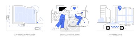 IoT city transport abstract concept vector illustration set. Smart roads construction, urban electric transport, autonomous taxi, rental electric bikes, on demand car service abstract metaphor.