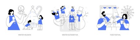 Illustration for Family time outdoors abstract concept vector illustration set. Winter holidays, outdoor fun, food festival, Christmas eve, new year celebration, building a snowman, snowball fight abstract metaphor. - Royalty Free Image