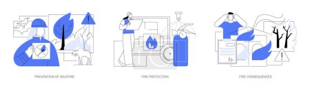 Illustration for Firefighting service abstract concept vector illustration set. Prevention of wildfire, fire protection and consequences, smoke detector, save wildlife, fire alarm system abstract metaphor. - Royalty Free Image
