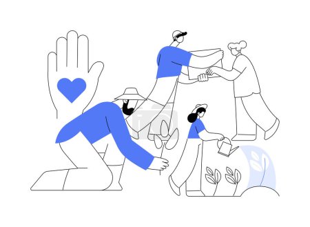 Illustration for Social participation abstract concept vector illustration. Social engagement, team work, civil society participation, happy volunteers, charity people, clean garbage, plant trees abstract metaphor. - Royalty Free Image