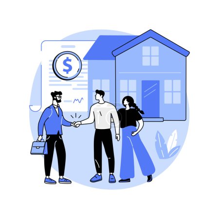Téléchargez les illustrations : Acquiring mortgage isolated cartoon vector illustrations. Young couple getting a mortgage, handshake with loan officer, real estate purchase, talking with broker, property owners vector cartoon. - en licence libre de droit