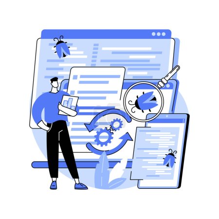 Automated testing isolated cartoon vector illustrations. Young man deals with automated software testing, IT company job, quality assurance sector, information technology vector cartoon.