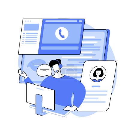 Illustration for Marketing research isolated cartoon vector illustrations. Call center worker talking with client and writing data on computer, business, professional service, making sales vector cartoon. - Royalty Free Image