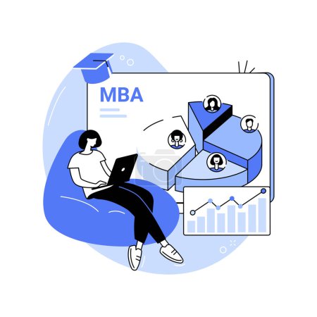 Ilustración de MBA en línea ilustraciones vectoriales de dibujos animados aislados. Chica concentrada con portátil haciendo curso de MBA, gestión de empresas y operaciones, educación virtual, dibujos animados vector de aprendizaje a distancia. - Imagen libre de derechos