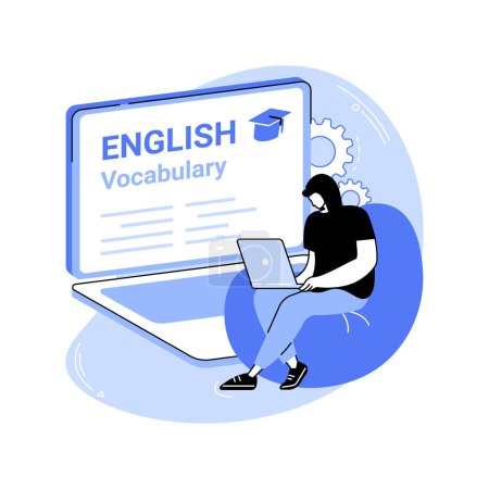 Illustration for Online platform isolated cartoon vector illustrations. Young boy learning languages online, vocabulary on the laptop screen, virtual education, self-development process vector cartoon. - Royalty Free Image
