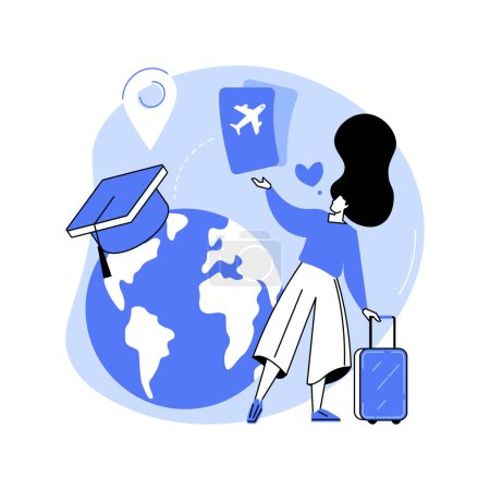 Exited about studies isolated cartoon vector illustrations. Smiling girl holding a world globe and tickets, happy about studies, education at a university college abroad vector cartoon.