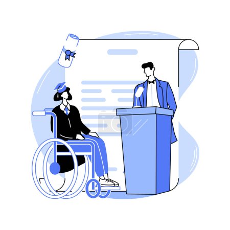 Téléchargez les illustrations : Diploma ceremony isolated cartoon vector illustrations. Disabled girl gets diploma, graduation from university, college education is over, successfully completing studies vector cartoon. - en licence libre de droit