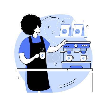 Téléchargez les illustrations : Student job isolated cartoon vector illustrations. Young girl at her part-time student job, earning first money, happy school graduate works as a barista at a coffee shop vector cartoon. - en licence libre de droit