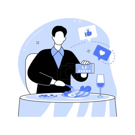 Ilustración de Rating a restaurant isolated cartoon vector illustrations. Food blogger rating cafe with stars, eating out in restaurant, holding smartphone, making notes, critic reviewing bar vector cartoon. - Imagen libre de derechos