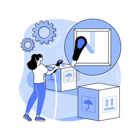 Ilustración de Blockchain item tracking isolated cartoon vector illustrations. Warehouse worker glues tracking tape, item shipping from factory, blockchain technology in delivery industry vector cartoon. - Imagen libre de derechos