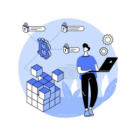 Illustration for Blockchain tech architect isolated cartoon vector illustrations. Blockchain architect with laptop working, cryptocurrency money investment, modern technology, network connection vector cartoon. - Royalty Free Image
