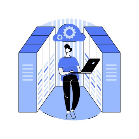 Téléchargez les illustrations : Cloud infrastructure engineer isolated cartoon vector illustrations. Professional specialist deals with cloud networks, datacenter worker with laptop, computing industry vector cartoon. - en licence libre de droit