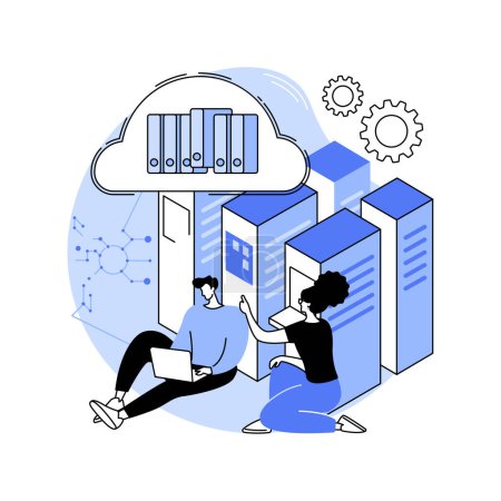 Téléchargez les illustrations : Datacenter manager isolated cartoon vector illustrations. Datacenter workers with laptop discussing servers connection, technology, IT industry, edge computing, network security vector cartoon. - en licence libre de droit