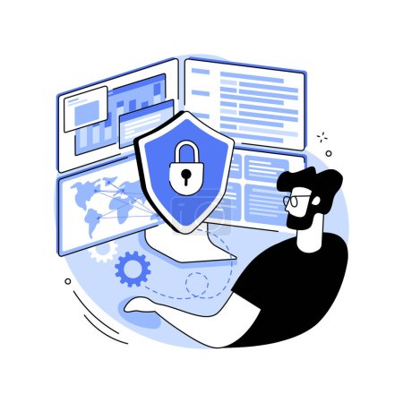 Téléchargez les illustrations : Security engineer isolated cartoon vector illustrations. System cybersecurity specialist looks at monitors, IT technology, computing industry, network connection control vector cartoon. - en licence libre de droit