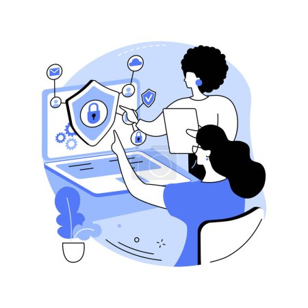 Illustration for Information security consultant isolated cartoon vector illustrations. Woman consults with a computer security engineer, IT technology, safe network connection control vector cartoon. - Royalty Free Image